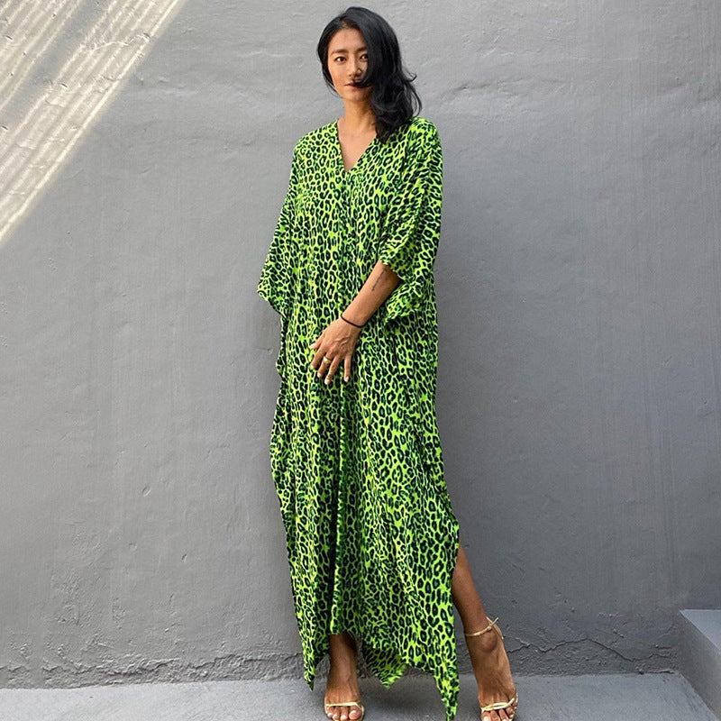 Leopard Print Long Cardigan Loose Beach Sun Protection Coat Beach Cover Up Swimsuit Outwear Women Bella Mia